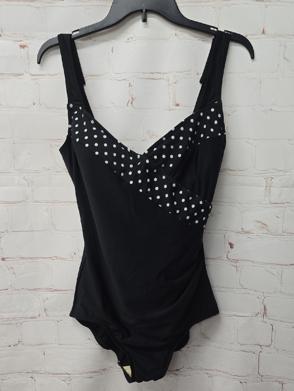 T.H.E. Black One-Piece Swimsuit White Polka Dot Accents Size 16